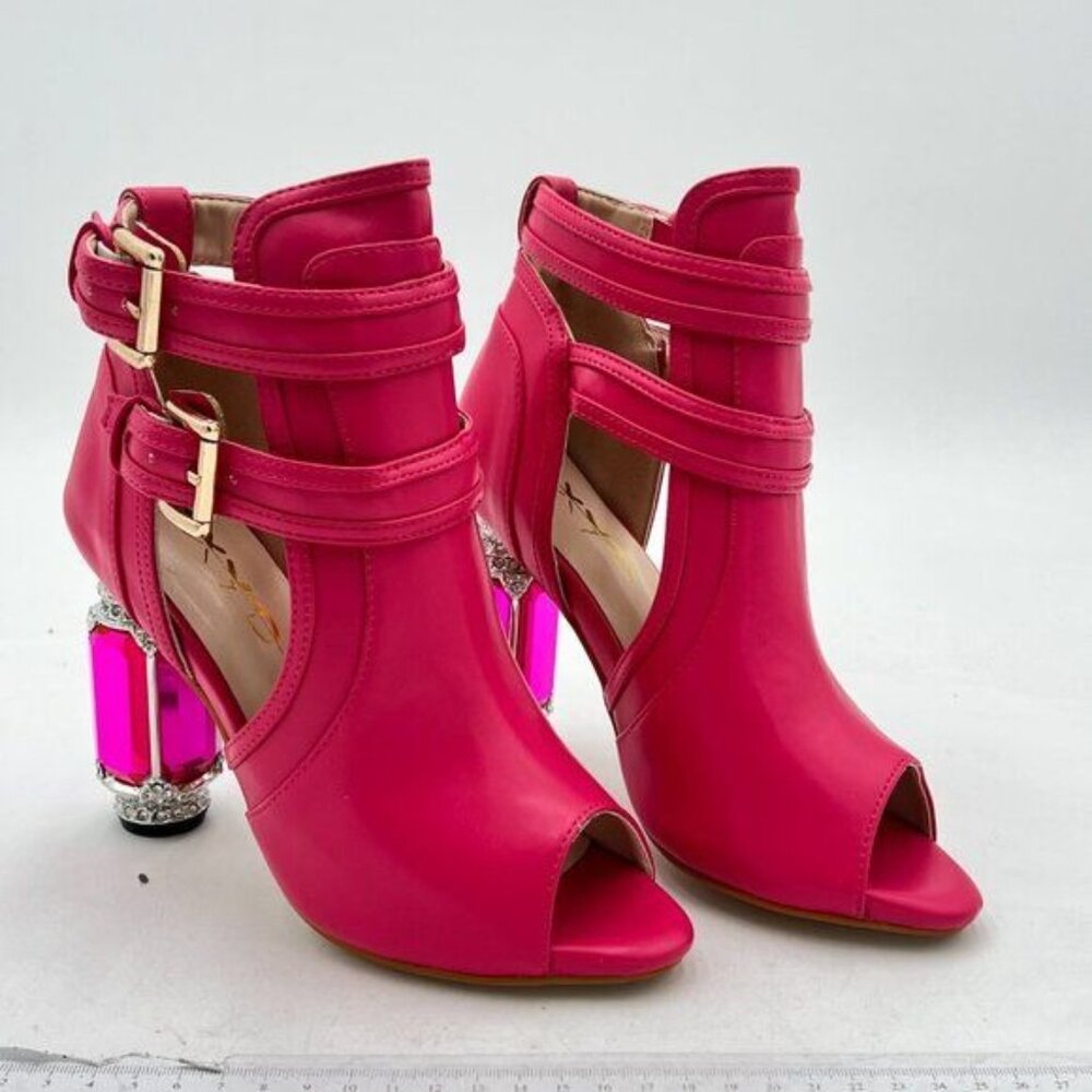 XYD Fuchsia Peep Toe Booties Style Pumps Fancy Cylindrical Crystal Heels Shoes - Picture 4 of 8